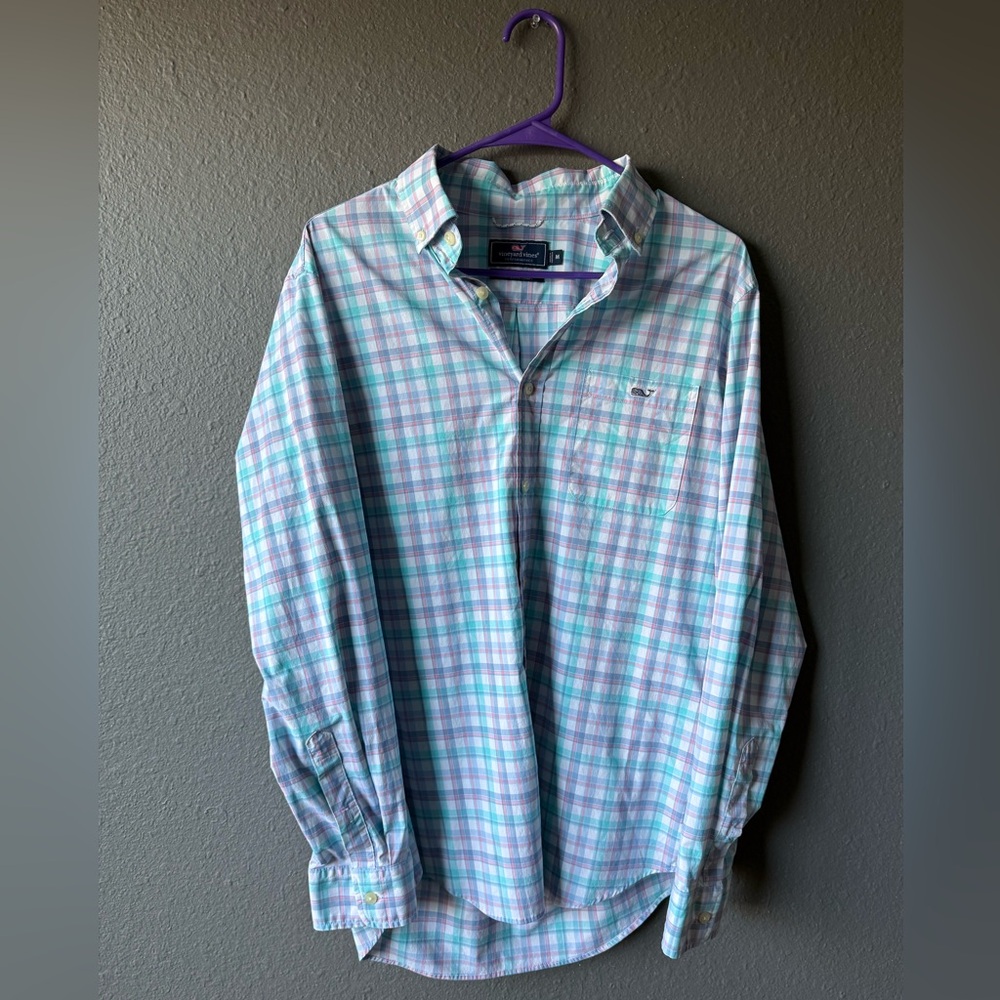 Vineyard Vines Mens Pink Blue green Tucker Plaid Shirt Long Sleeve Size M